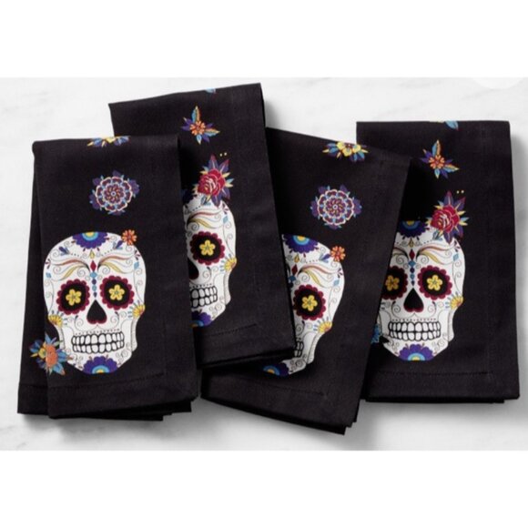 NWT 4 Williams Sonoma Black Dinner Napkins Day of the Dead Skull Cinco De Mayo - Picture 1 of 3